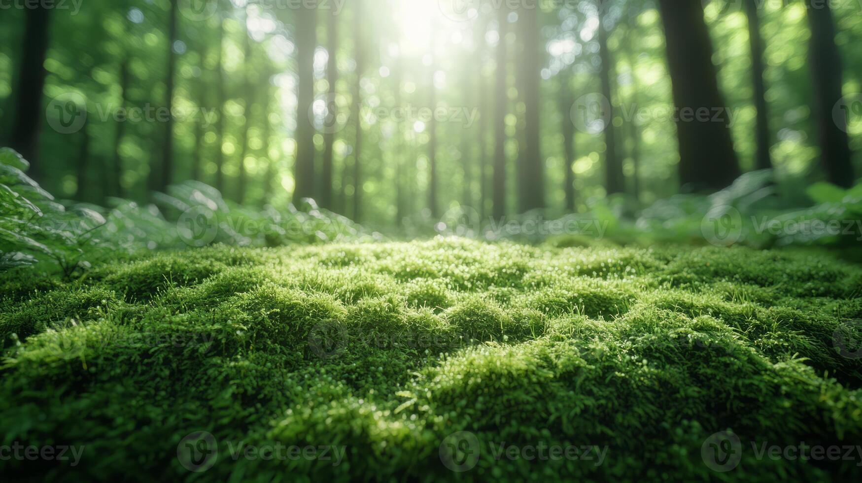 A green forest with sunlight shining through the trees photo