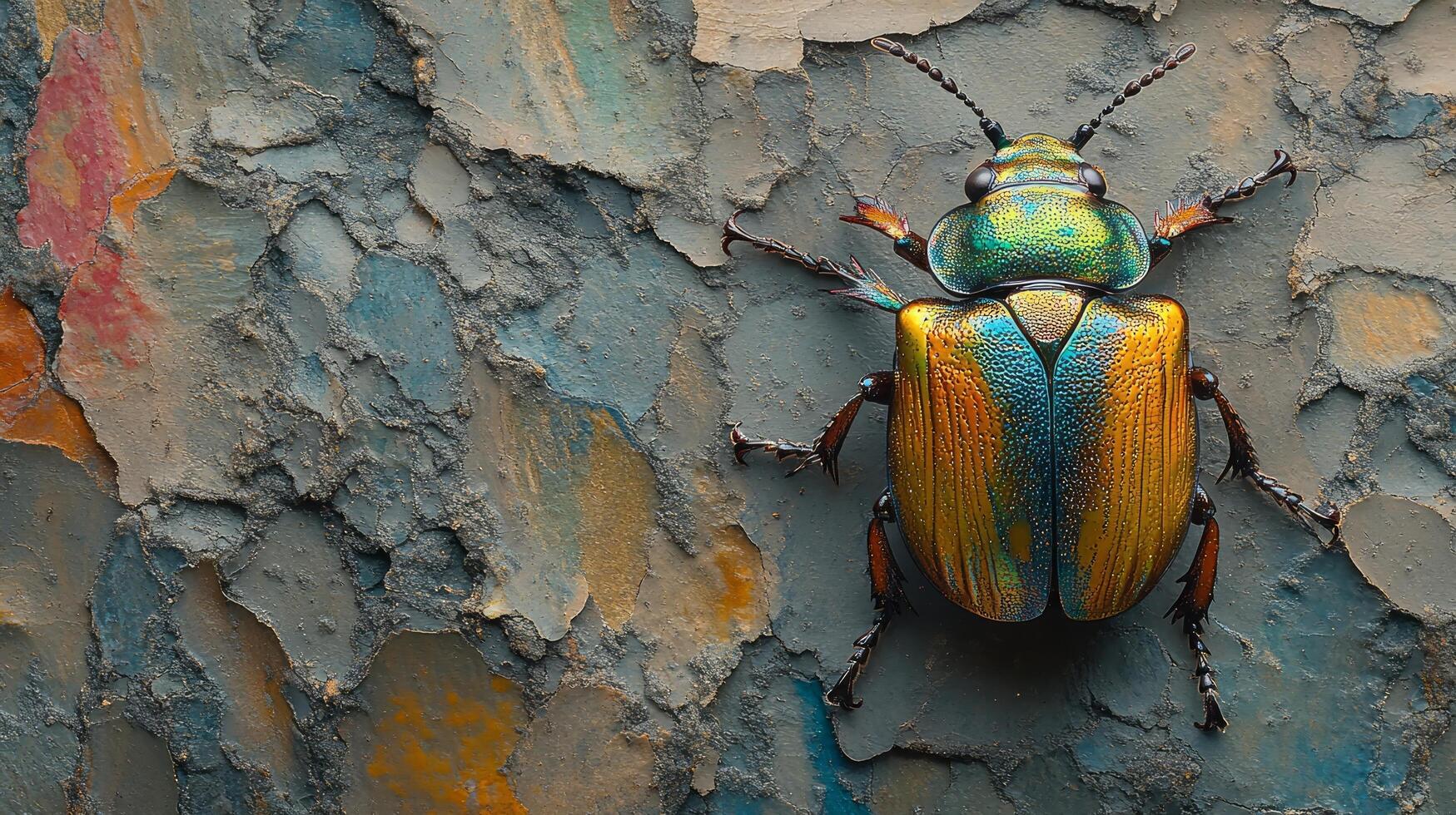 A colorful beetle on a wall with a crack photo