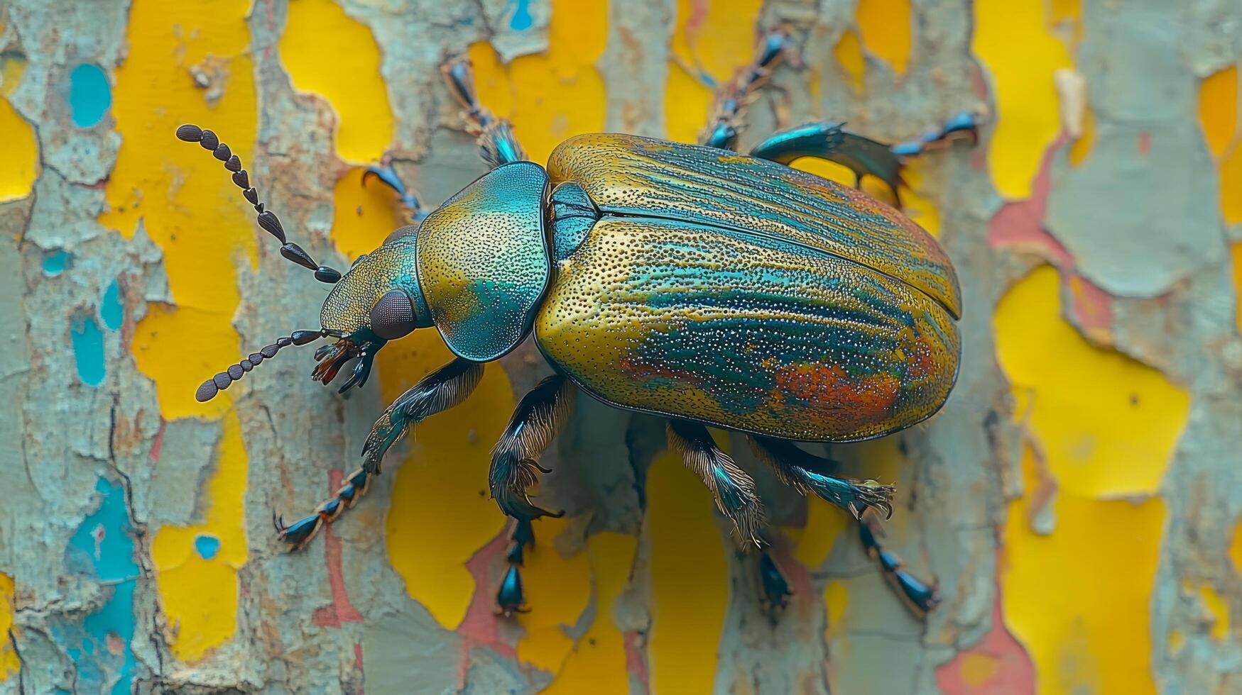 un vistoso escarabajo en un pintado pared foto