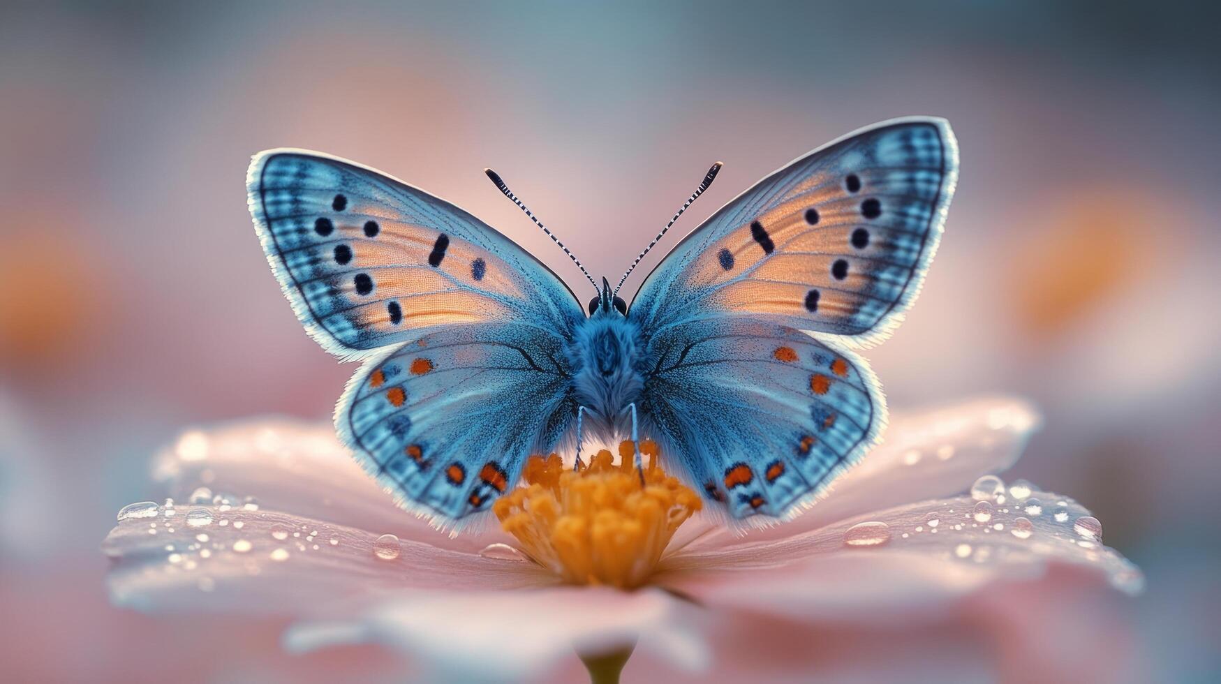 A blue butterfly is sitting on top of a pink flower photo