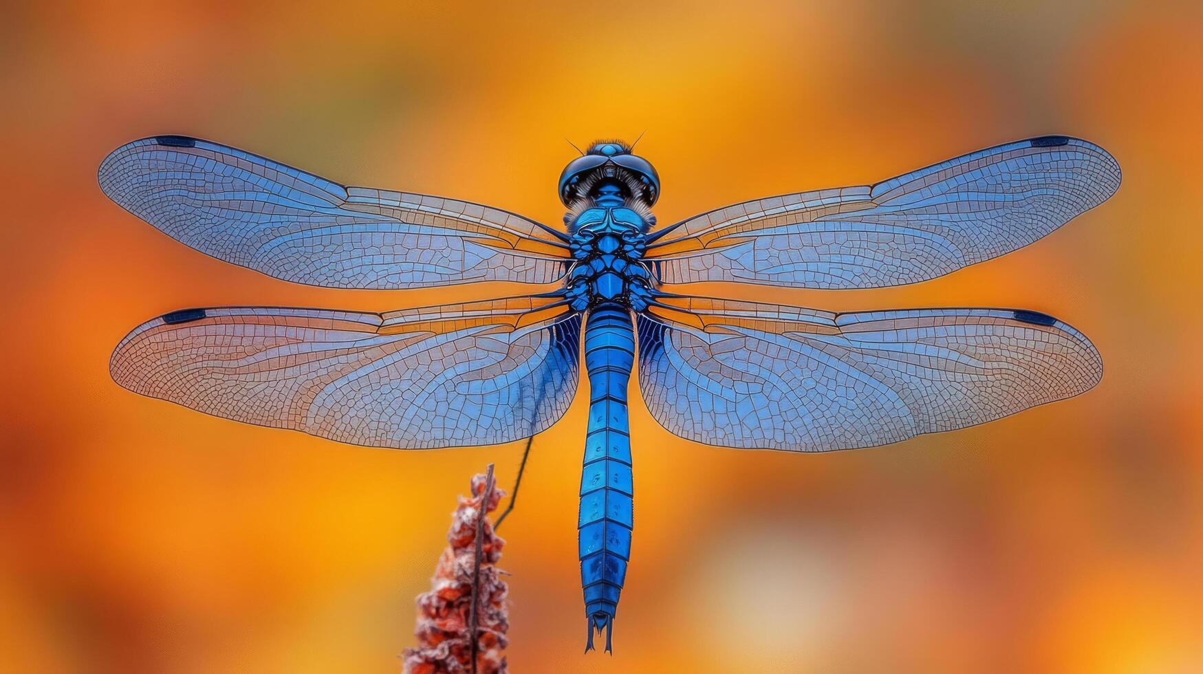 A blue dragonfly is perched on a stem photo