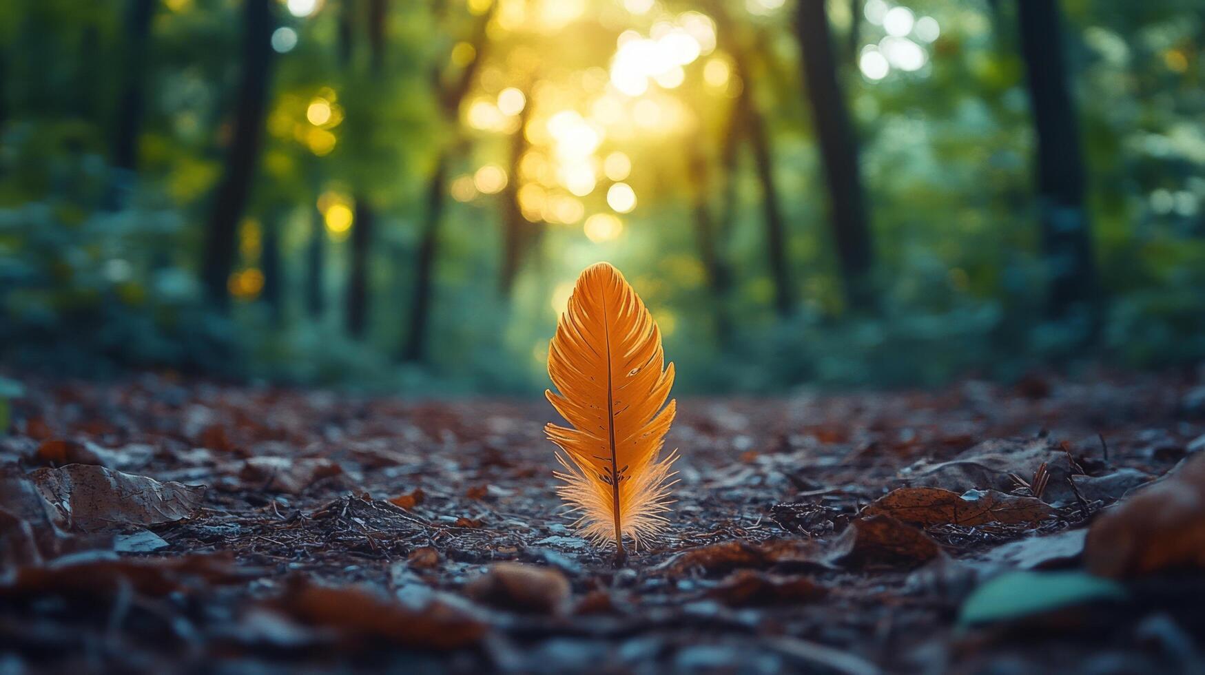 A single orange feather is sitting in the middle of a forest photo
