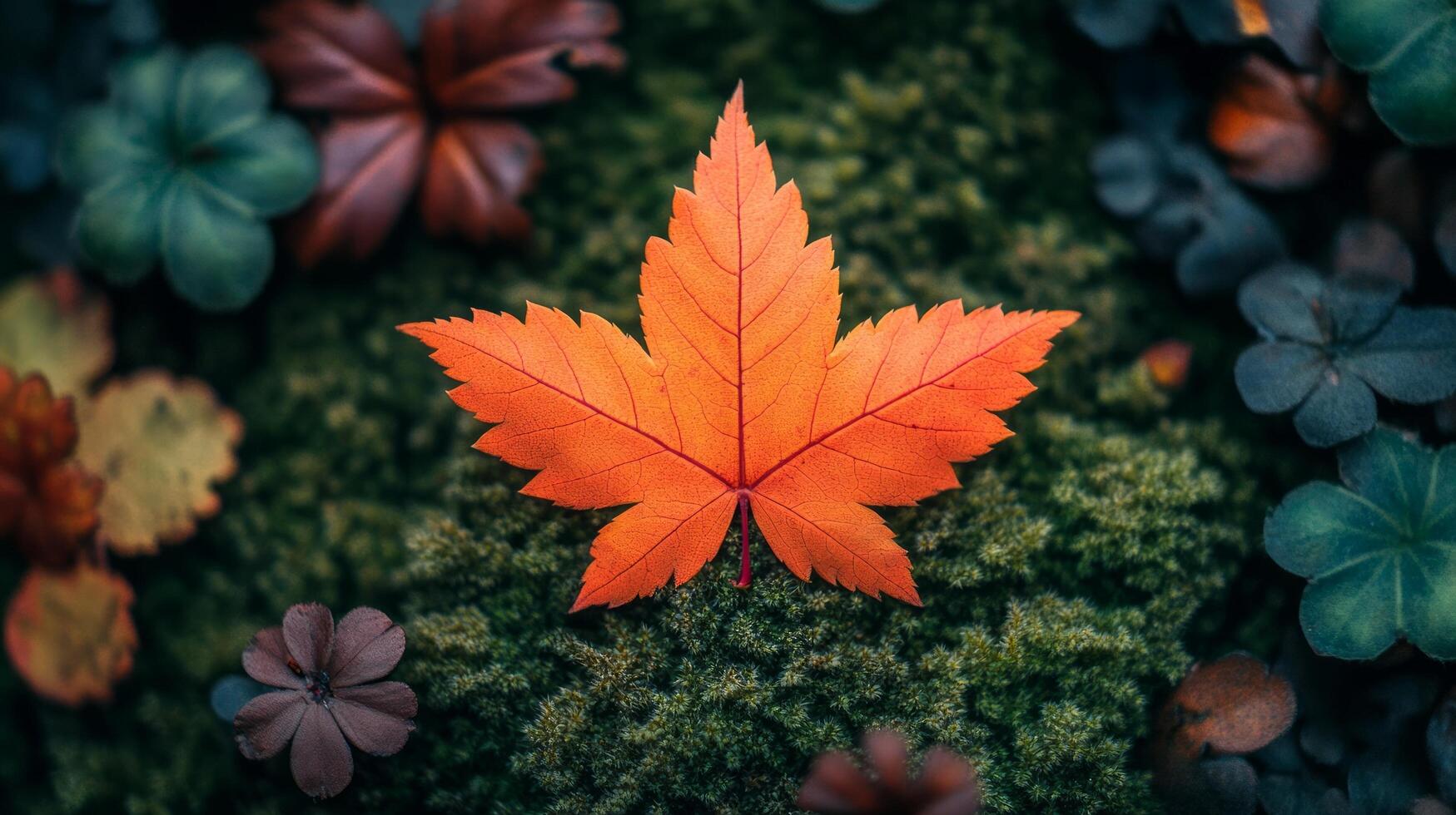 A single orange leaf on a green background photo