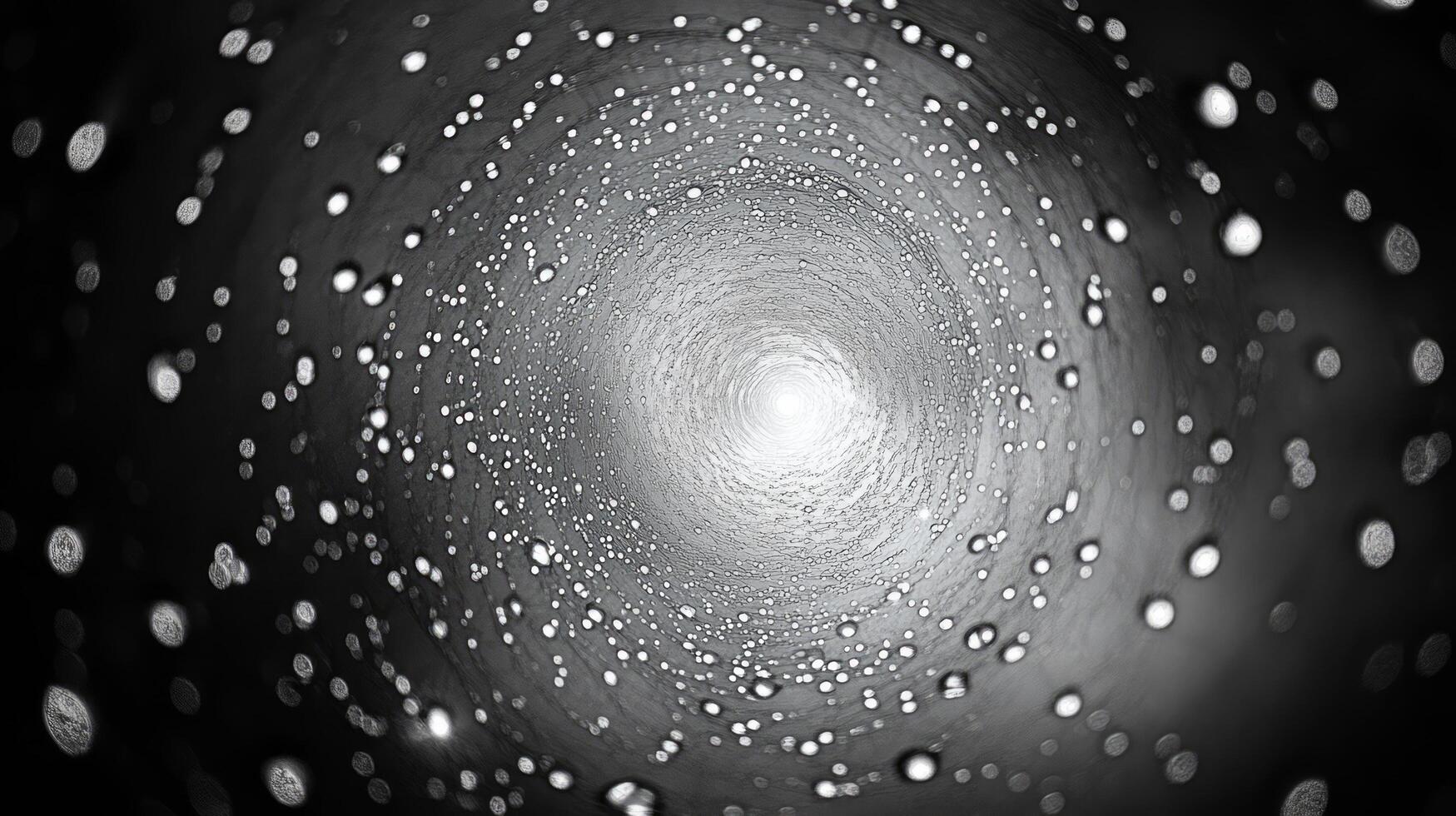 A black and white photo of a spiral with water droplets