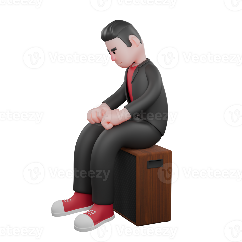 3D Choreographer Dance Performer Character. A male choreographer sits on a loudspeaker while looking down with both hands clasped together on his thighs. Animated Artist png