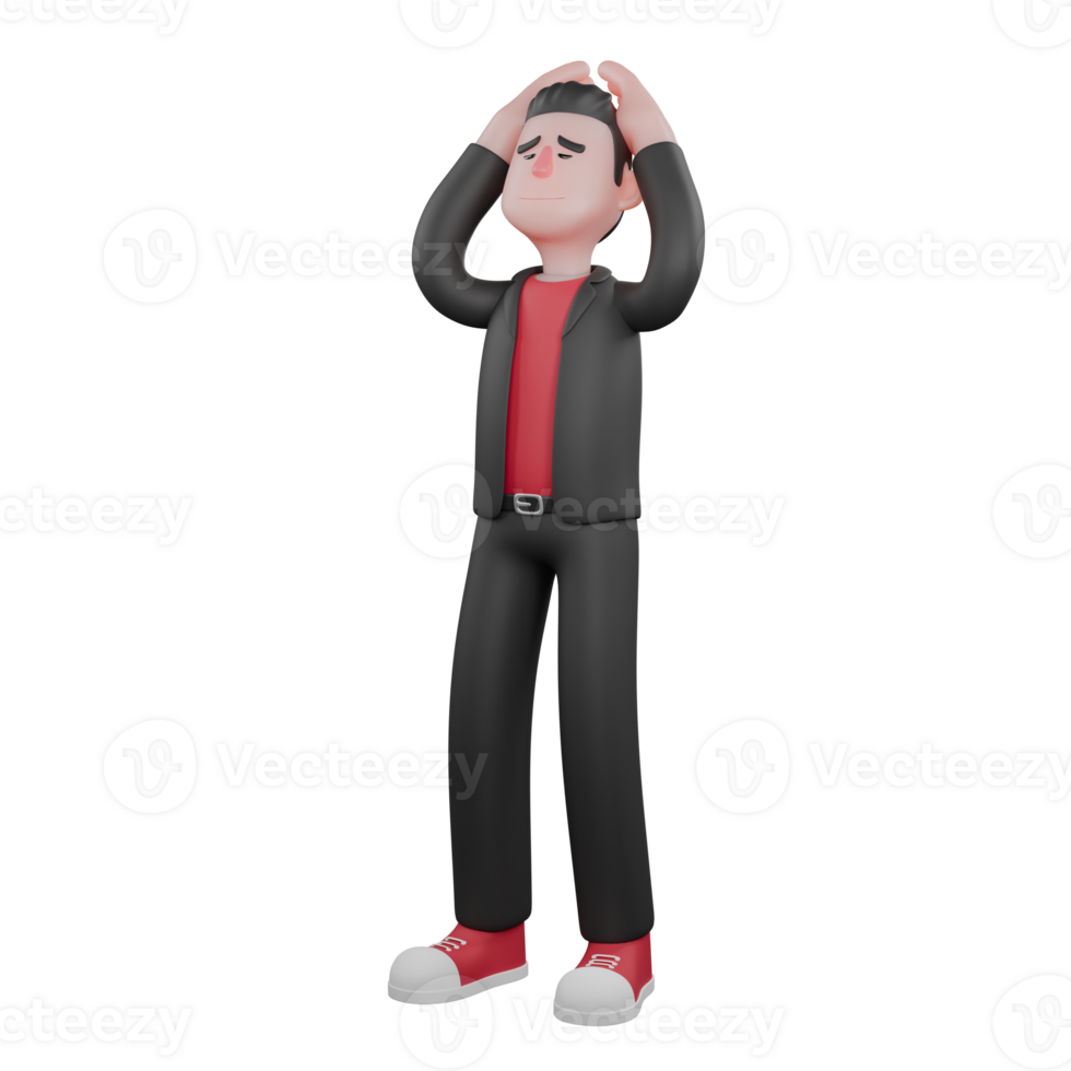 Animated Dance Choreographer in 3D. A male choreographer standing with both hands above his head with tired expression. Performer Design png