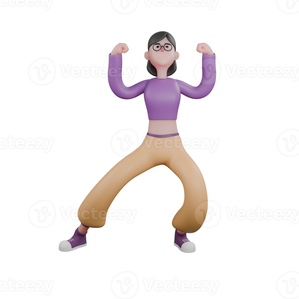 Cartoon Dance Artist in 3D. A female dancer stands looking up with her legs open, the right one straight and the left one slightly bent then both hands are clasped together and raised up. png