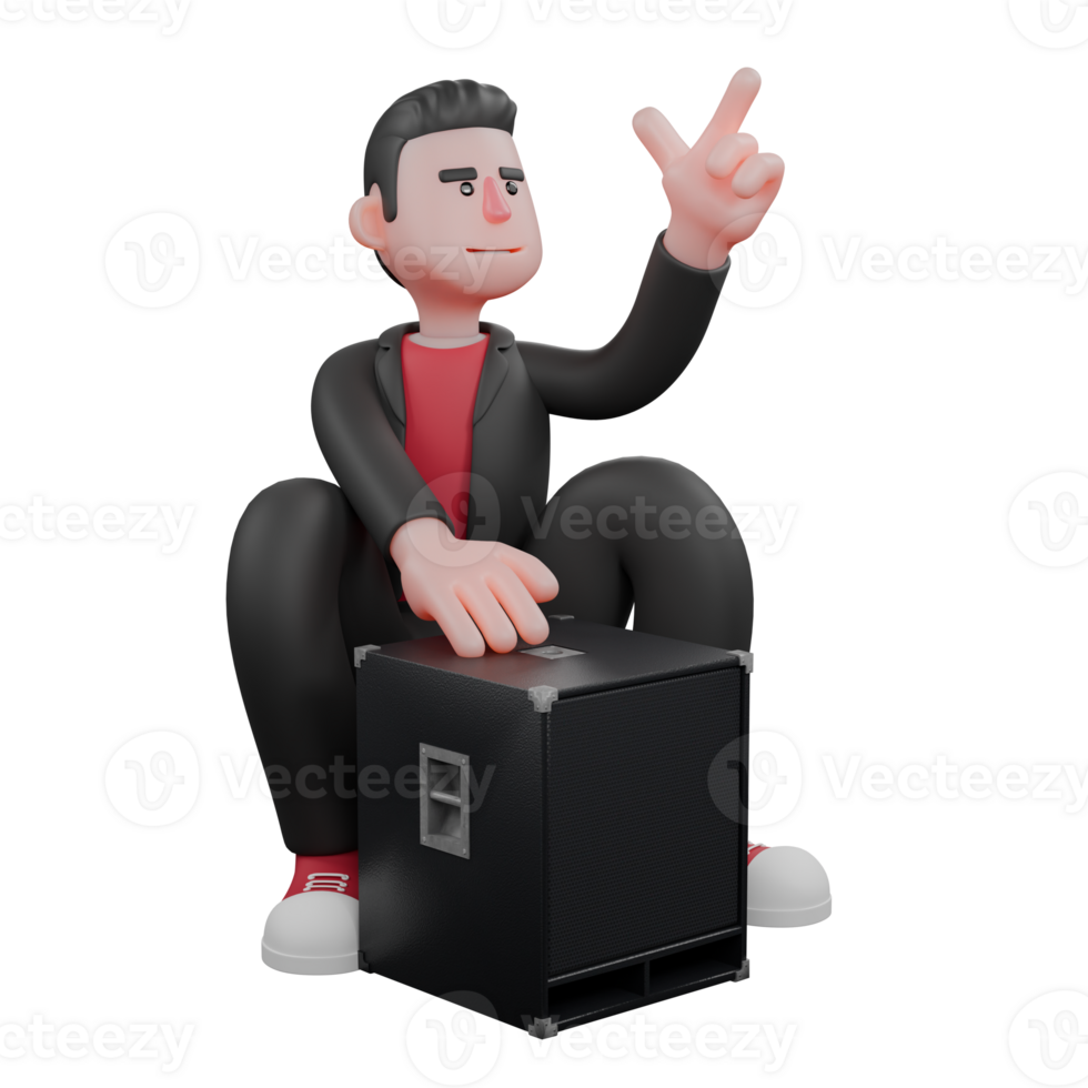 3D Cartoon Dance Artist. A male choreographer crouches with his right hand holding a loudspeaker and his left hand pointing up. Choreographer Performer png