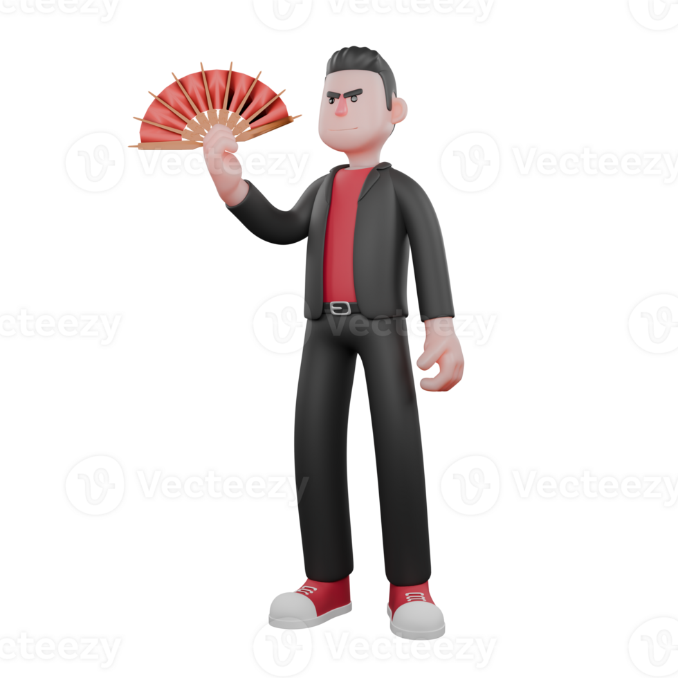 3D Cartoon Dance Performer Model. A male choreographer stands holding a fan in his hand with an angry expression. Choreographer Character png