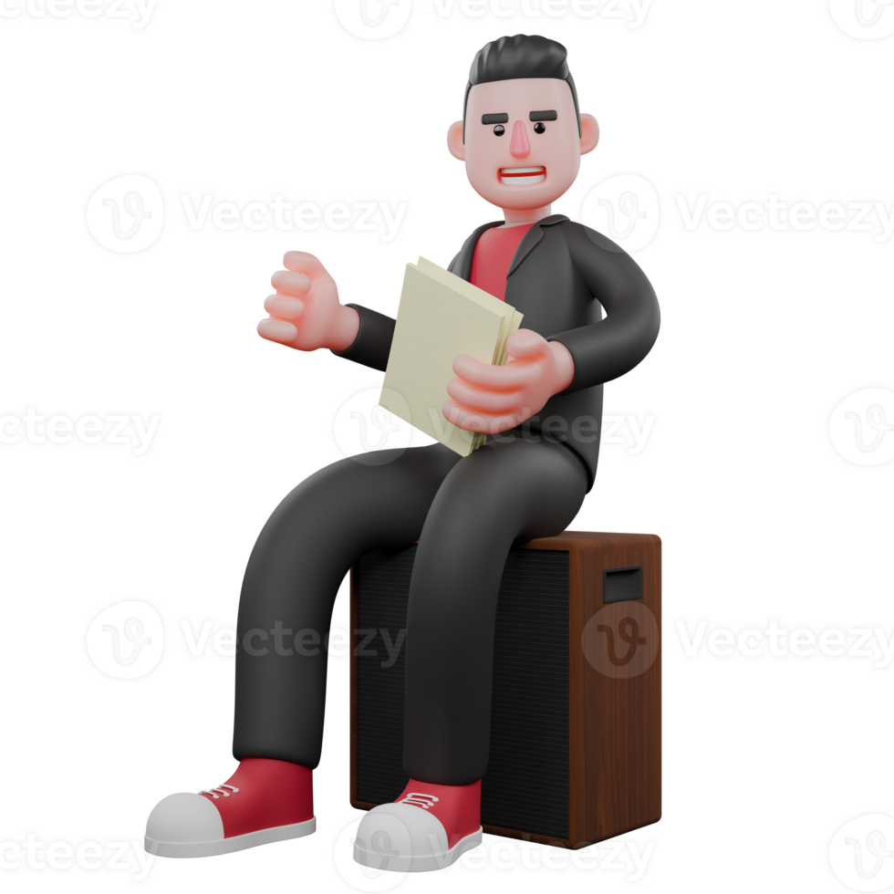 3D Dance Artist Choreographer. A male choreographer sits on a speaker holding a sheet of paper in his hand with a happy expression. Cartoon Design png