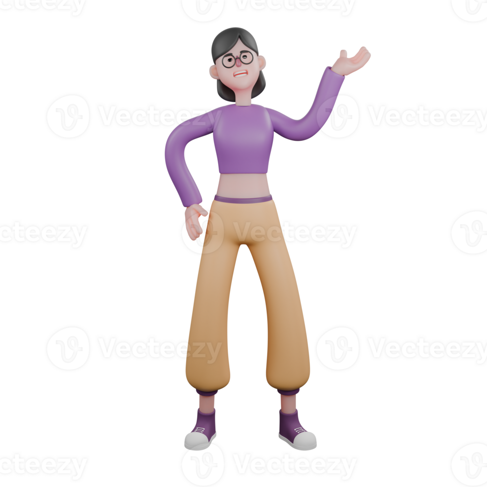 3D Animated Dance Performer Character. A female dancer stands looking up while raising her left palm up and her right hand is on her waist. Animated Talent png