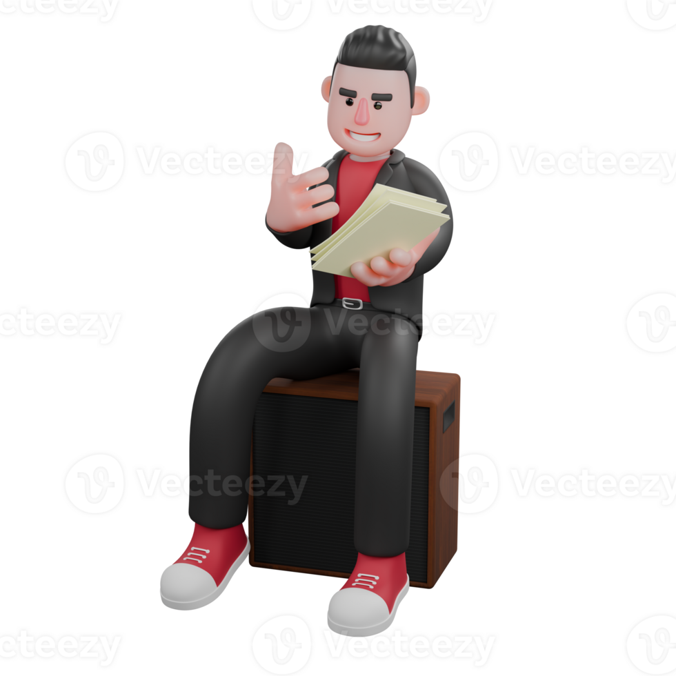 3D Choreographer Dance Creator. A male choreographer sits on a loudspeaker while looking at the writing on a paper held in his left hand and then his right hand wants to open next sheet of paper. png