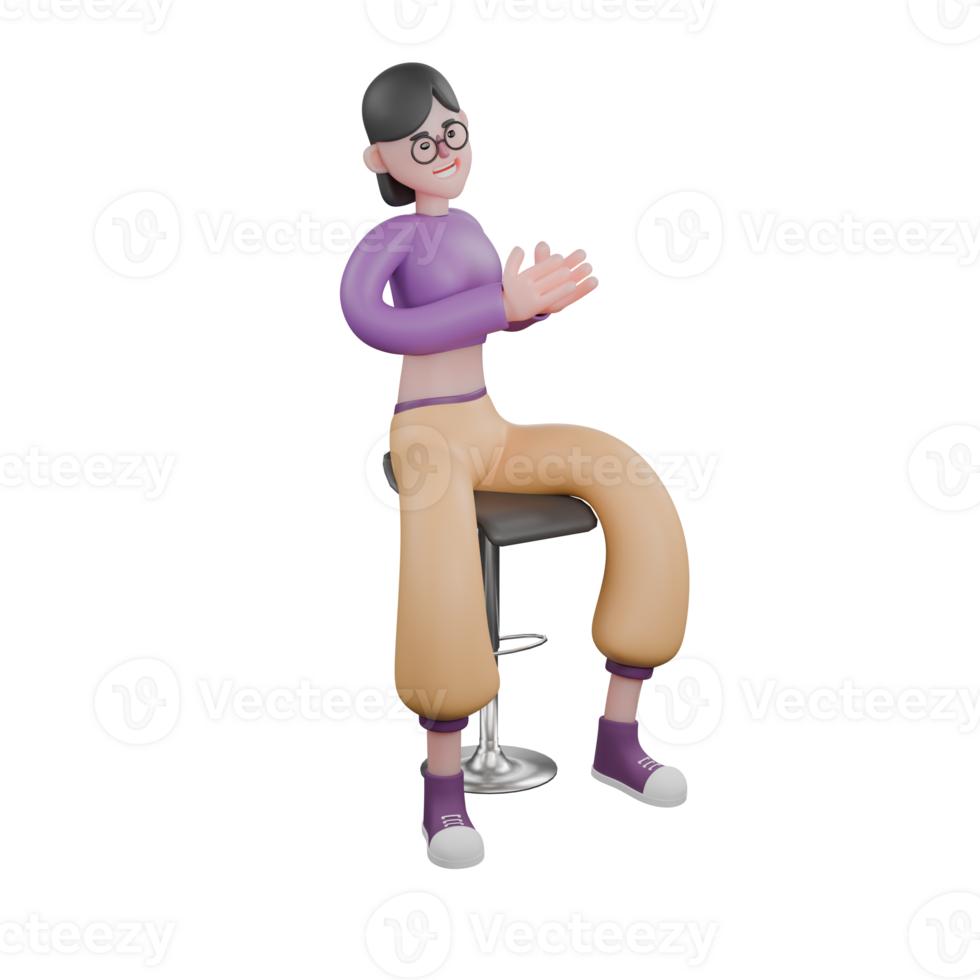 3D Cartoon Dance Artist. A female dancer sits on a chair with both of her hands patting her face with a happy expression. Creative Artist png