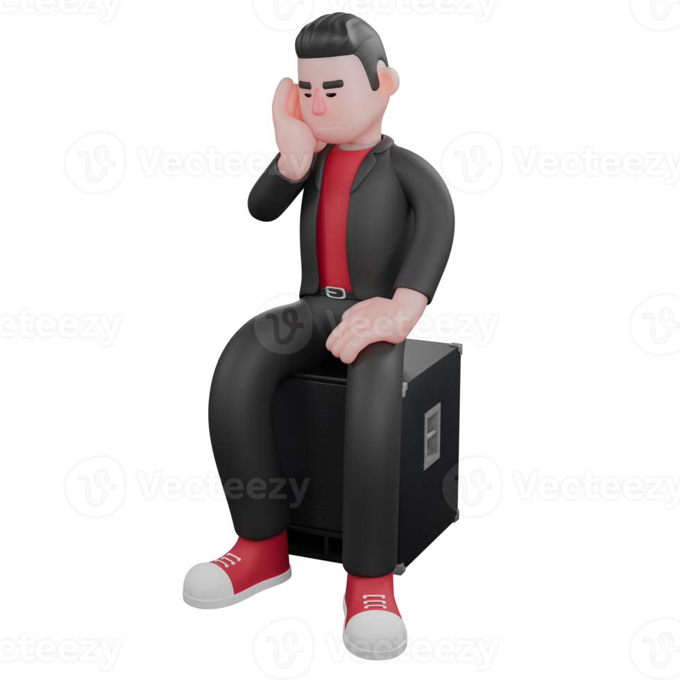 Dance Performer 3D Character. A male choreographer sits on a speaker with his left hand holding his face, eyes closed with a calm expression. Choreographer Model png