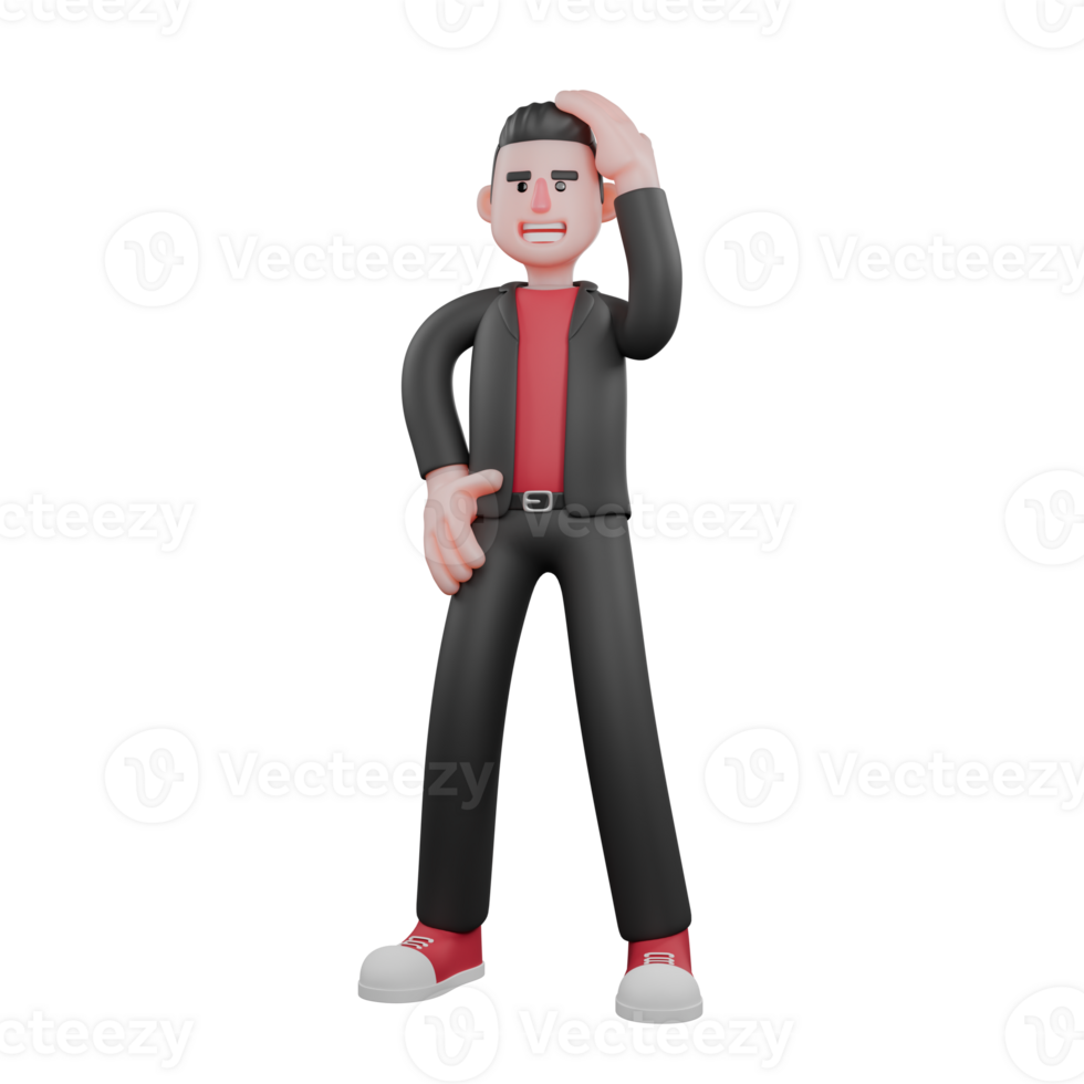 Choreographer Cartoon 3D Model. A male choreographer stands with his right hand on his head and his left hand on his waist with a happy expression. Dance Artist png