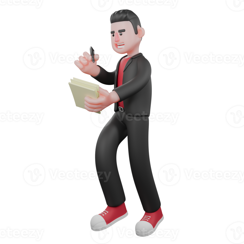 Choreographer Cartoon Dance Performer. A male choreographer stands holding a sheet of paper paper and pen in hand with happy expression. 3D Character png