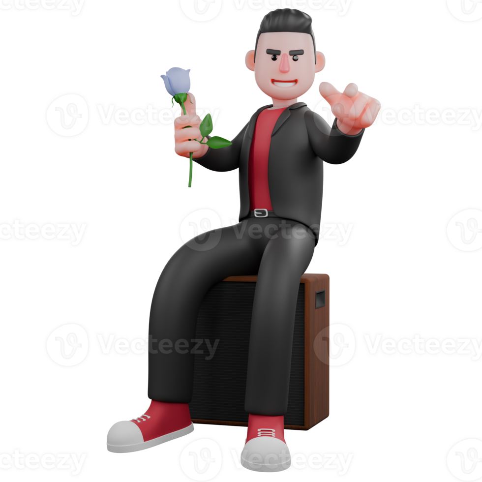 3D Dance Choreographer Star. A male choreographer sits on a loudspeaker with his right hand holding a flower and his left hand pointing forward. Performer Model png