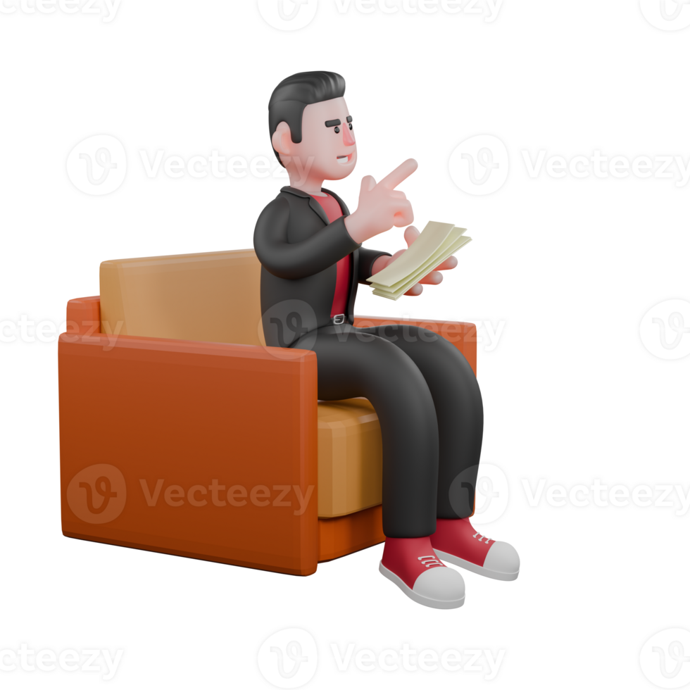 Cartoon Dance Performer in 3D. A male choreographer sits on a sofa, his left hand holding a clipboard and his right hand pointing forward. Choreographer Character png