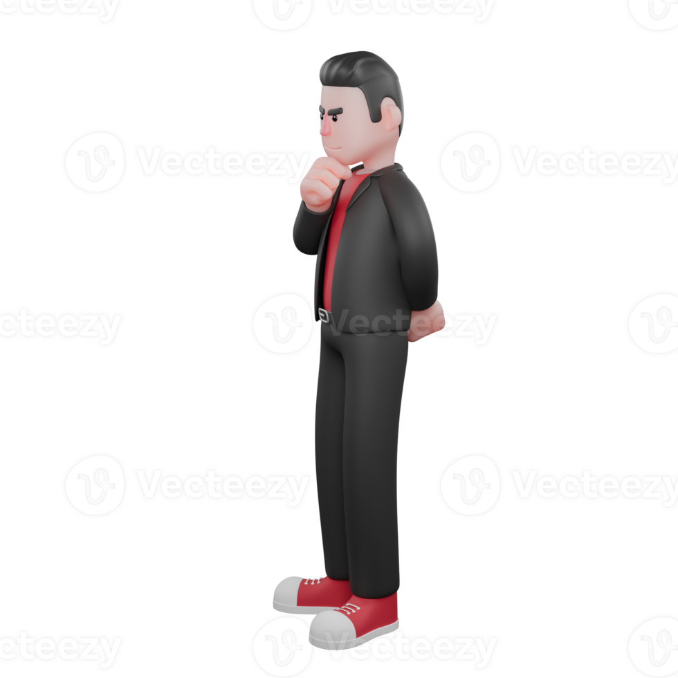 Animated Choreographer Cartoon Model. A male choreographer stands, his left hand behind his body and his right hand clasped on his chin. Dance Performer png