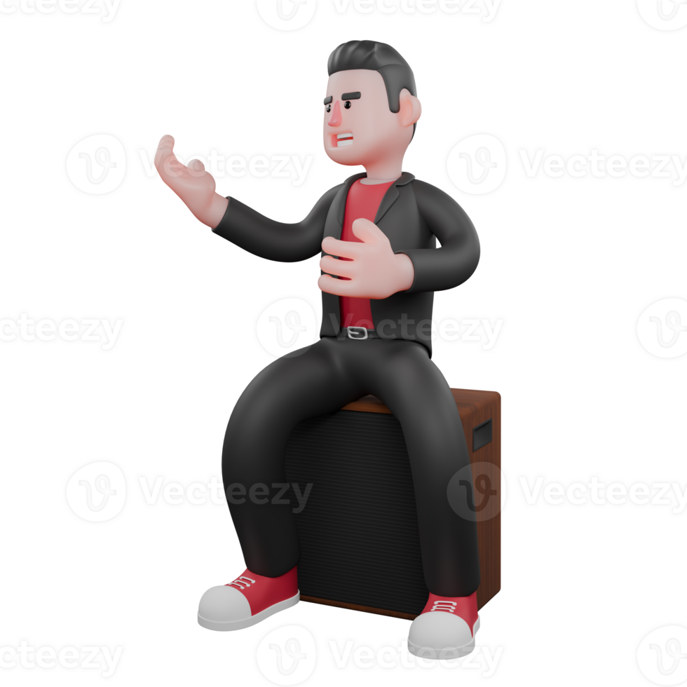 Choreographer in 3D Cartoon. A male choreographer sits on a speaker with his hands extended forward with a happy expression. Dance Star png