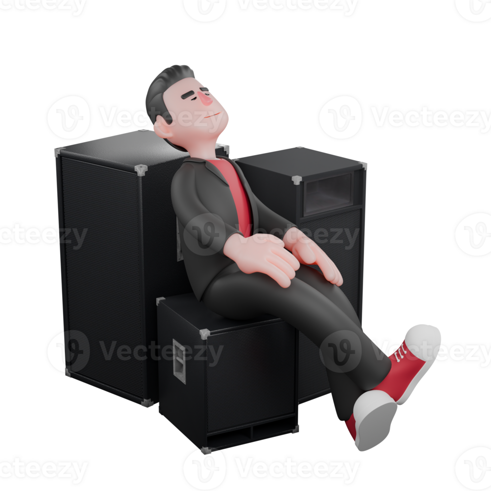 3D Model of Cartoon Choreographer. A Male choreographer sitting on speaker with his body leaning on big speaker with calm expression. Performance Artist png