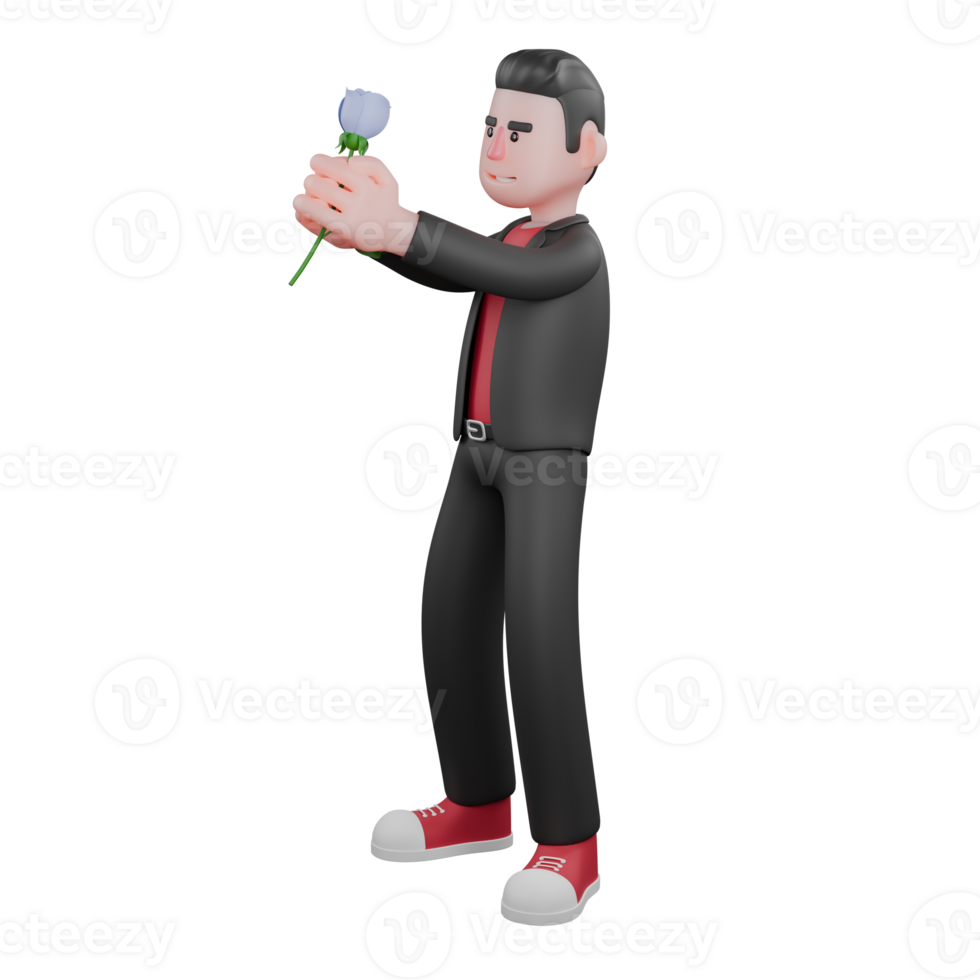 Cartoon Choreographer in 3D. A male choreographer stands with both hands holding flowers. Dance Creator png