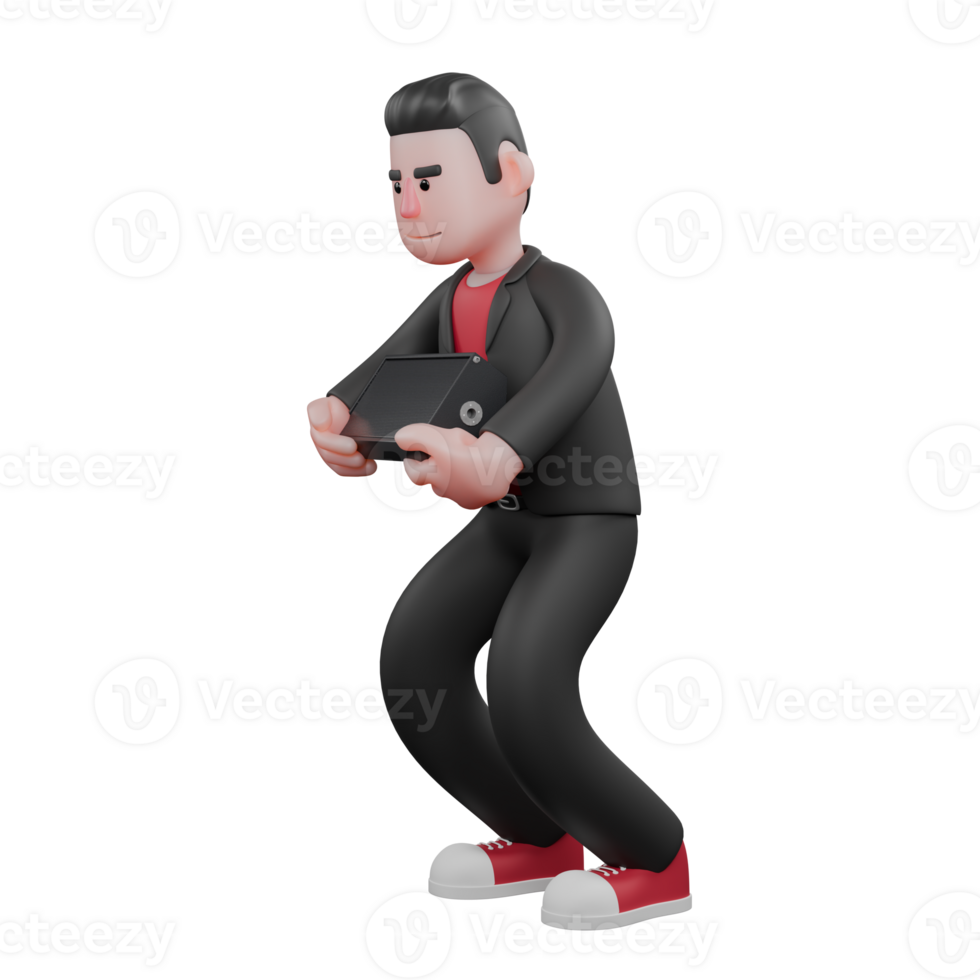 3D Choreographer Dance Performer. A male choreographer crouches with both hands hugging a loudspeaker. Animation Design png