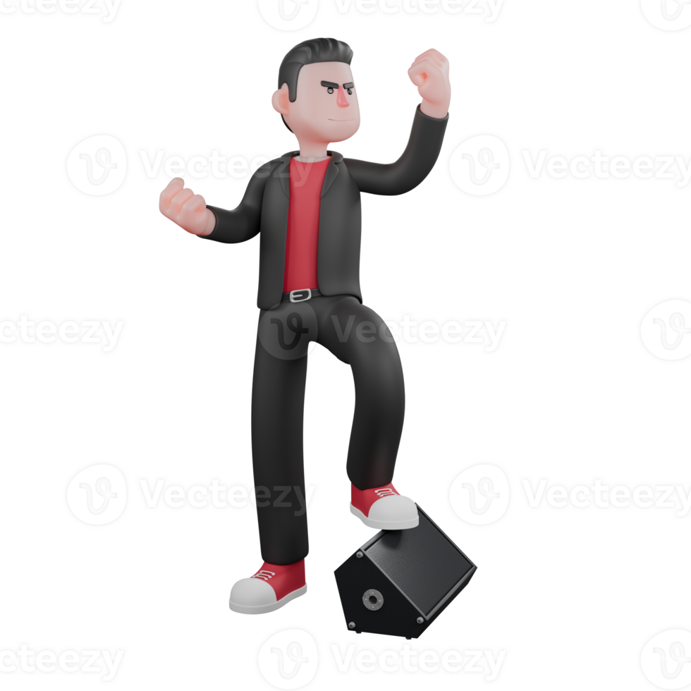 Cartoon Dance Choreographer Character. A male choreographer stands, his left foot steps on the loudspeaker, then his left hand grasps upwards and his right hand grasps beside his body. 3D Performer png