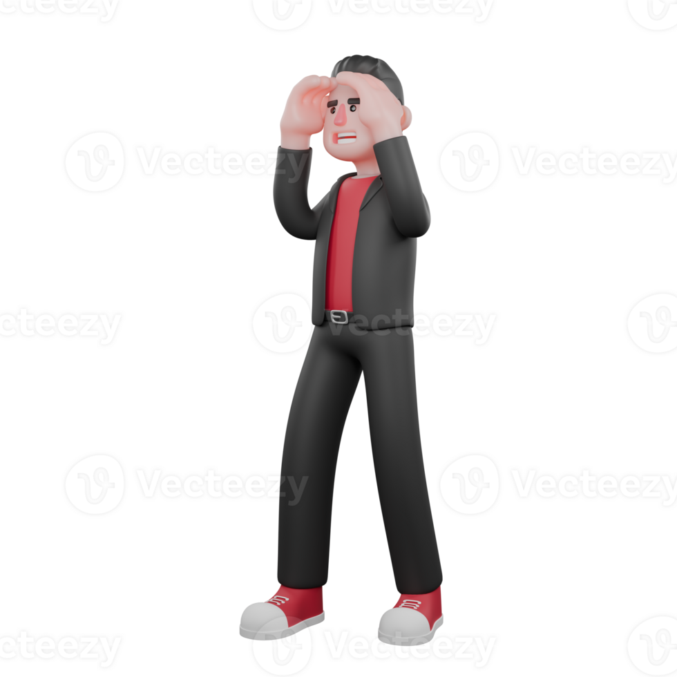 Dance Performer in Cartoon Style. A male choreographer stands with both hands above his eyes with an observing expression. 3D Choreographer png