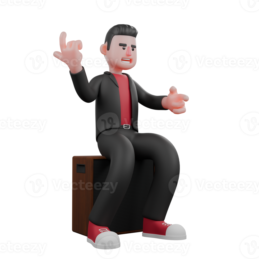 3D Choreographer Character Design. A male choreographer sits on a speaker with his right hand pointing up and his left hand pointing forward with a happy expression. Dance Performer png
