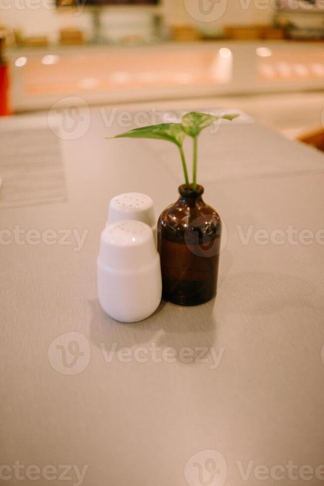 Table decor with a small plant in a tiny bottle and a mini salt shaker on a hotel restaurant table photo