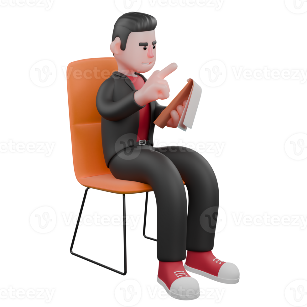 Cartoon Choreographer in 3D. A male choreographer sits on a chair checking a clipboard in his left hand with a focused expression. Dance Artist Model png
