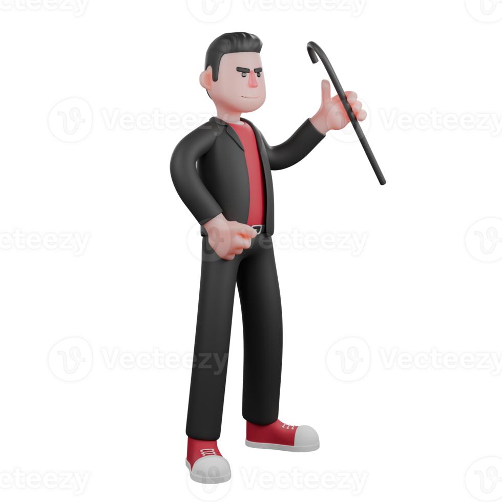 Choreographer in 3D Cartoon Style. A male choreographer stands with his left hand lifting the magic wand and then his right hand holding the black coat he was wearing. Dance Star png