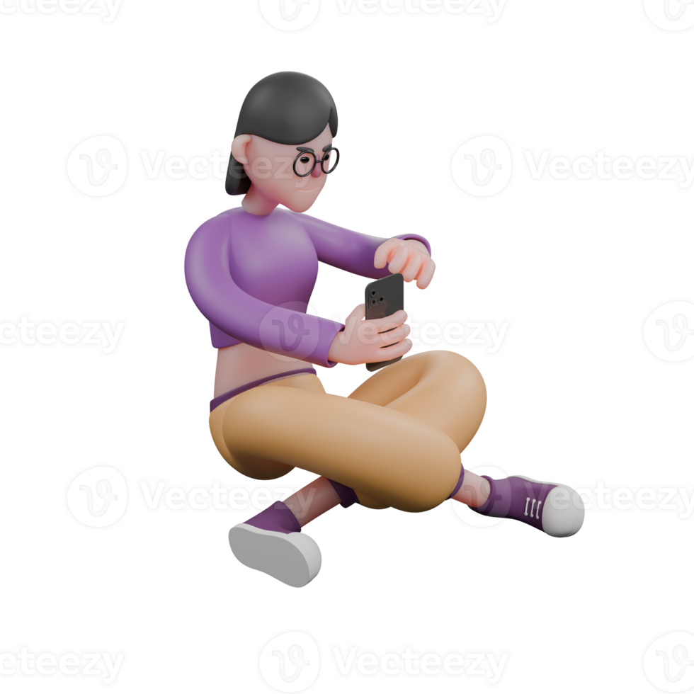 Cartoon Dance Artist in 3D. A female dancer sits cross-legged holding a cellphone in her hand with a serious expression. Creative Performer png
