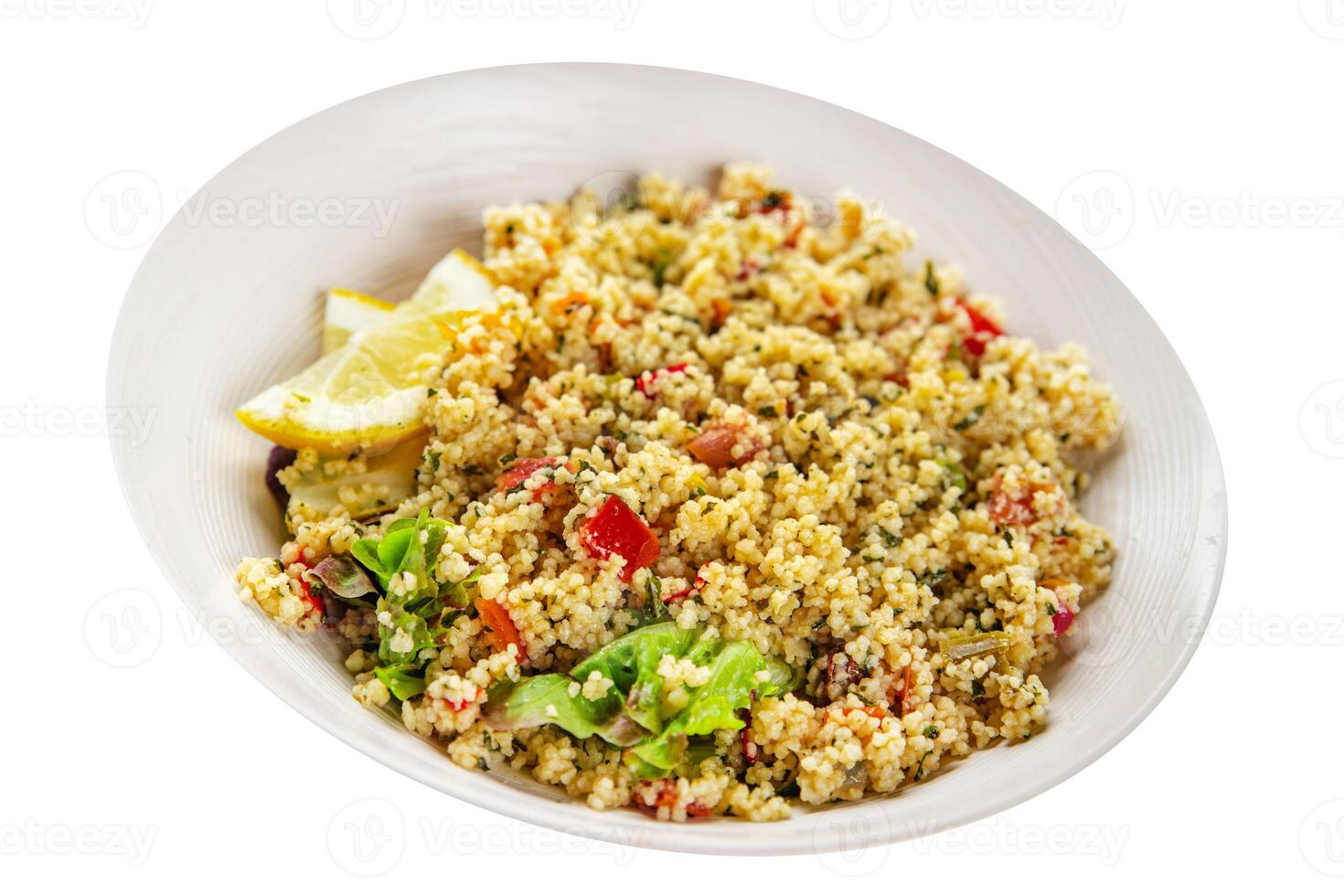 tabbouleh bulgur couscous with vegetables dish fresh delicious vegetarian and vegan food gourmet food background on the table rustic food top view copy space keto and paleo diet photo