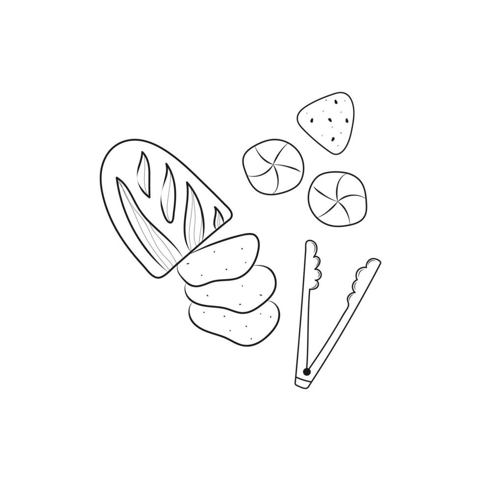 Sliced bread, buns in doodle style. Hand drawn bakery illustration. vector