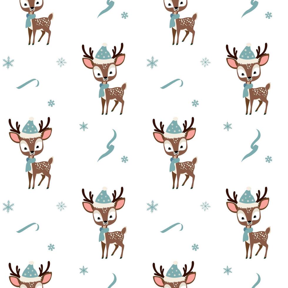 Winter seamless pattern with cute reindeer in a hat. Christmas backgrounds. New year decorations. Cartoon animals pattern. vector