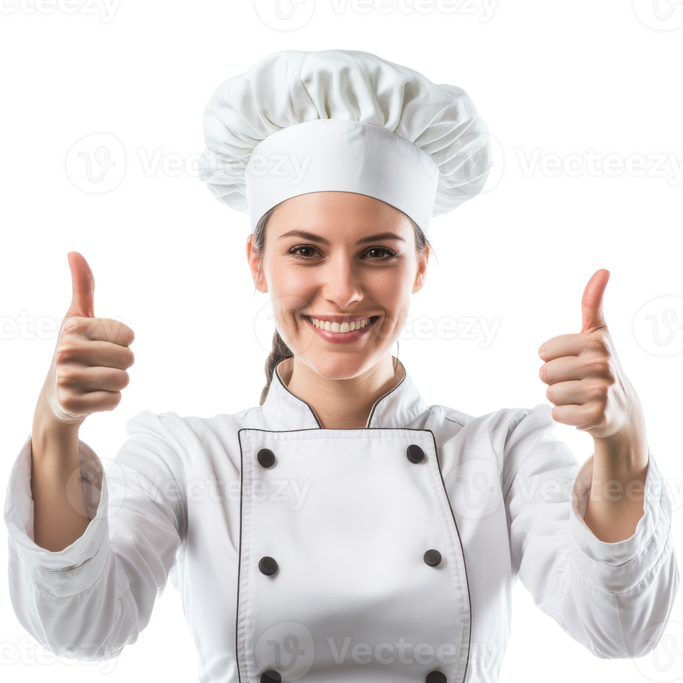 Portrait of a Smiling Female Chef Showing Thumbs Up, Perfect for Culinary Promotions on transparent background png