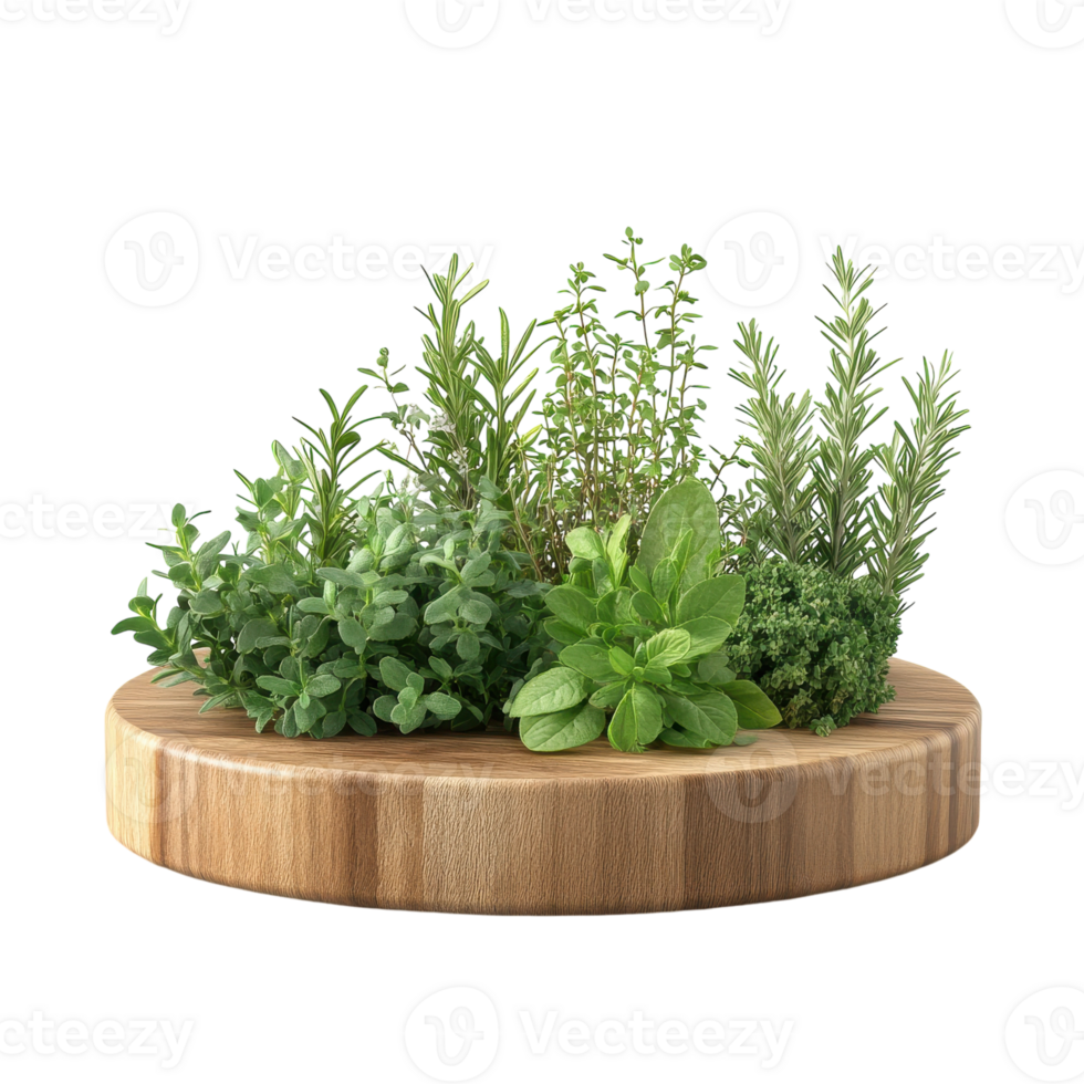 Wooden Podium with Fresh Herbs for Culinary Presentation on transparent background png