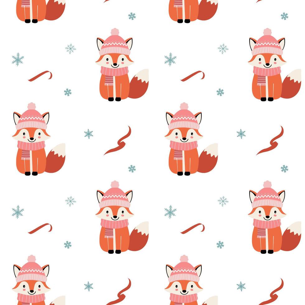 Seamless pattern with warm clothed fox. Christmas Winter backgrounds. Cartoon animals pattern. vector