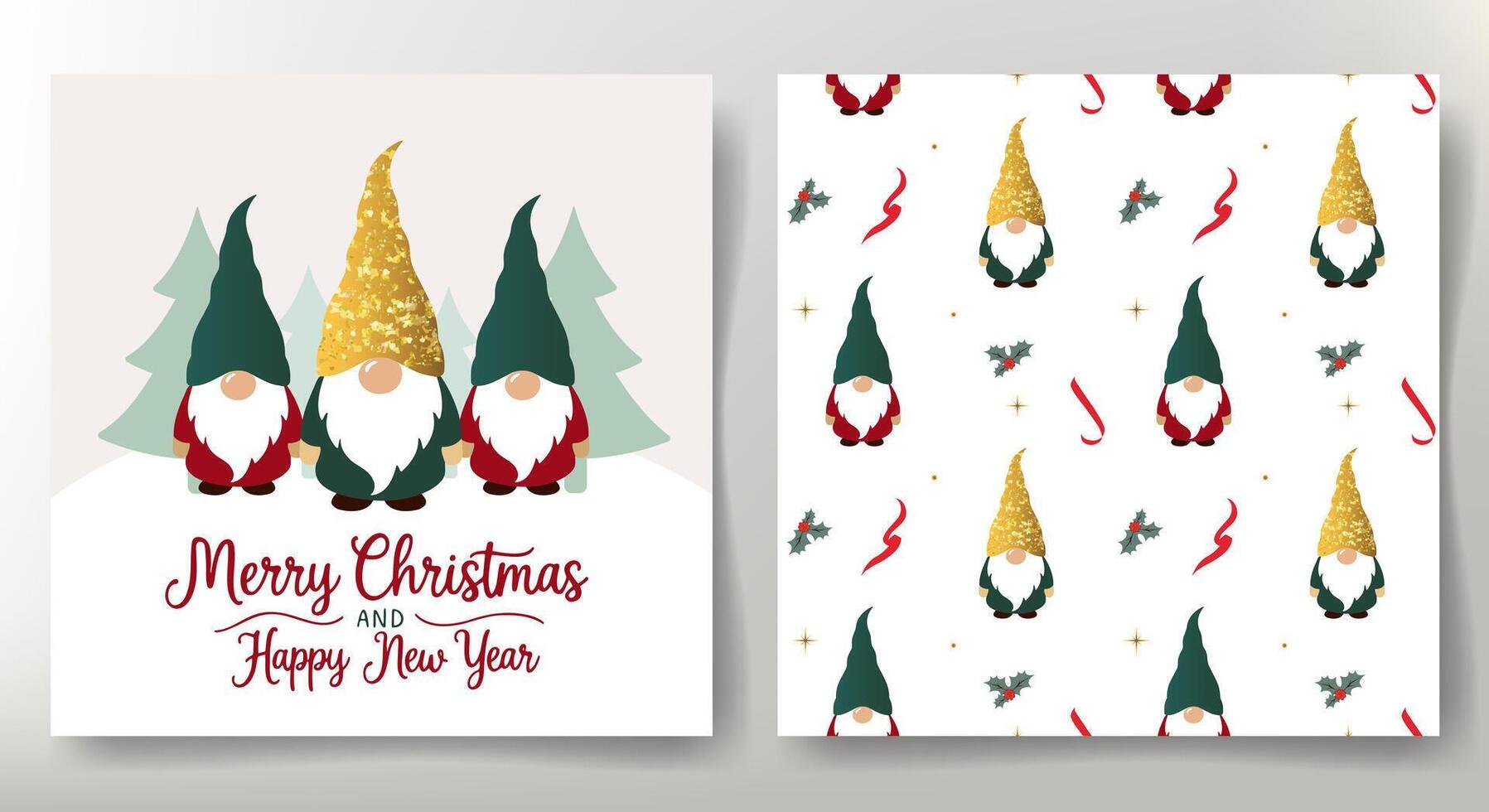 Merry Christmas card and seamless pattern with cute elves. Christmas elf. Winter characters. vector