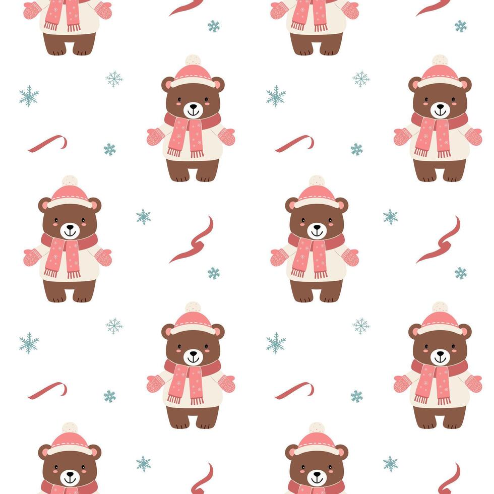 Seamless pattern with warm clothed bear. Christmas Winter backgrounds. Cartoon animals pattern. vector
