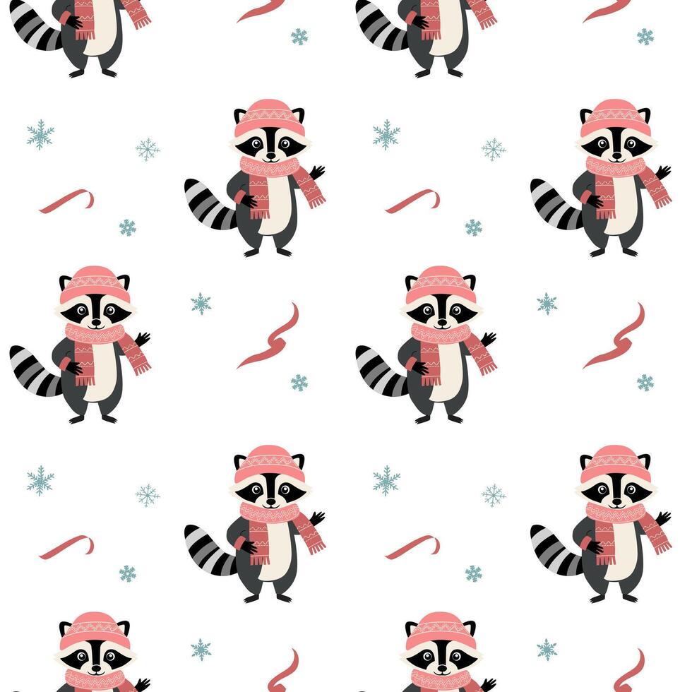 Seamless pattern with warm clothed raccoon. Christmas Winter backgrounds. Cartoon animals pattern. vector