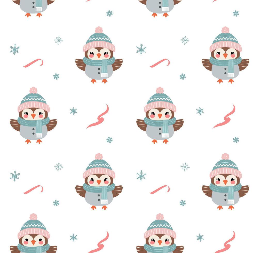 Seamless pattern with cute warm clothed owl. Christmas Winter backgrounds. Cartoon animals pattern. vector