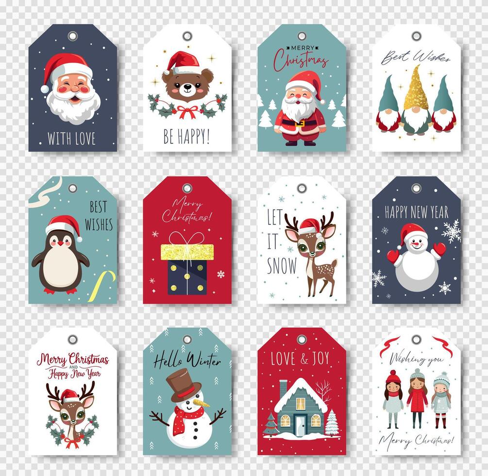 Christmas tags set with cute animals and winter characters. Happy celebrate xmas label, decorative elements. vector