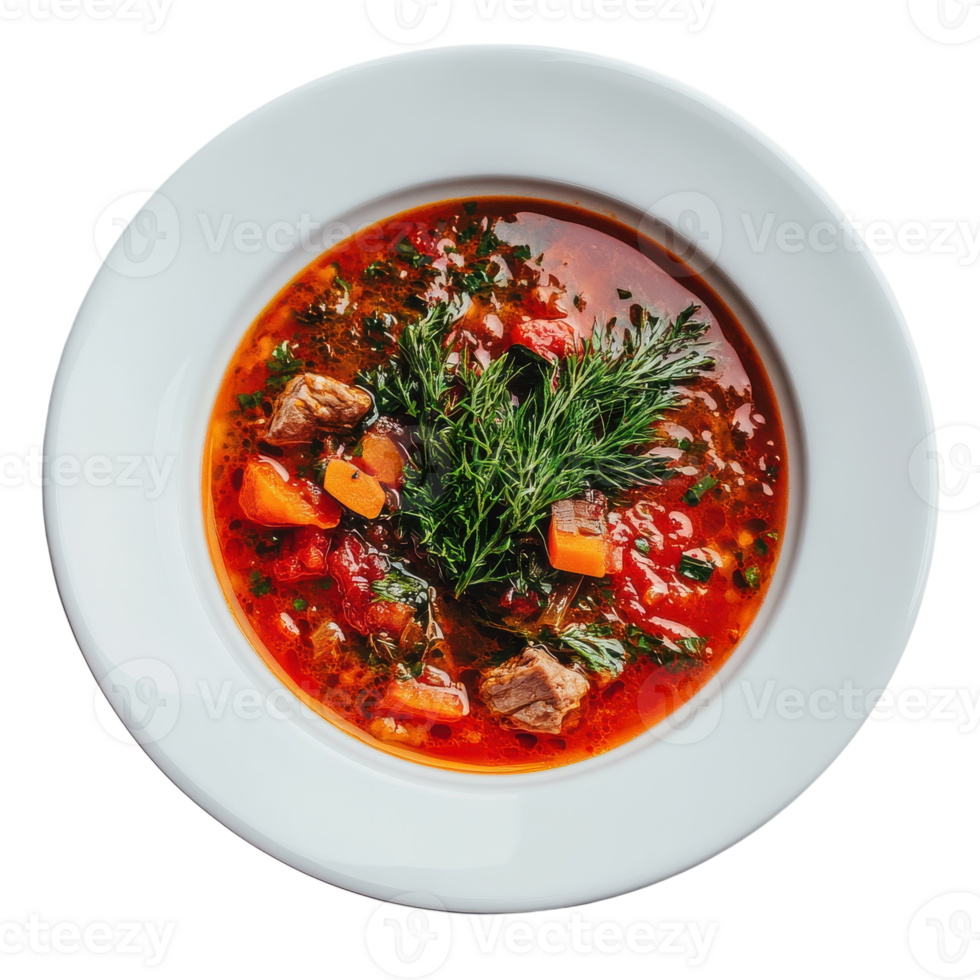 Delicious Borsch Soup in a White Ceramic Bowl for Culinary Enthusiasts on transparent background png