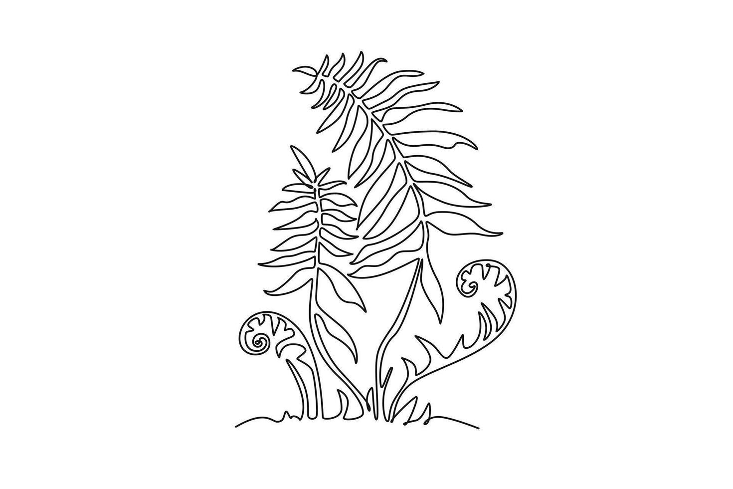 Single one line drawing of cute tropical leaves fern plant. Printable decorative exotic houseplant concept for home wall decor ornament. Modern continuous line draw design graphic illustration vector