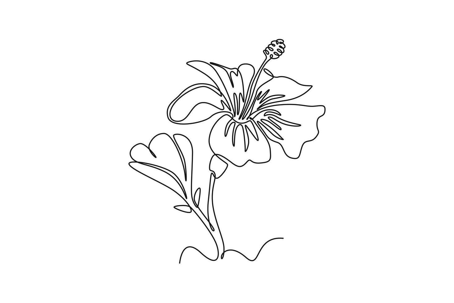 Single continuous line drawing of beauty hibiscus flower plant. Tropical floral style, love romantic concept for poster, wall home decor print. Dynamic one line draw graphic design illustration vector