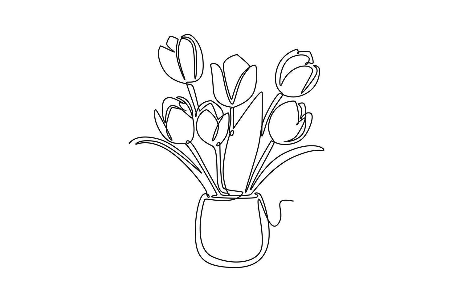 Continuous one line drawing beautiful tulips in vase. Real flower decoration. Sends fresh scent throughout the room. Plant display. National Flower Day. Single line design graphic illustration vector