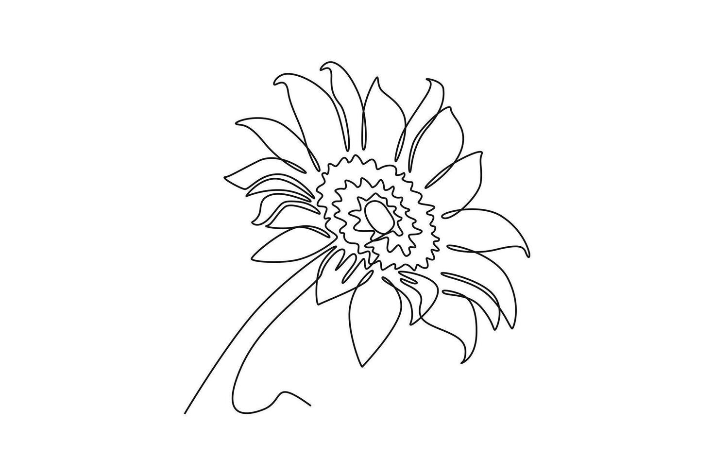 Single one line drawing beauty fresh sunflower for park logo. Decorative helianthus spring flower concept for wall home decor poster art. Modern continuous line draw design graphic illustration vector